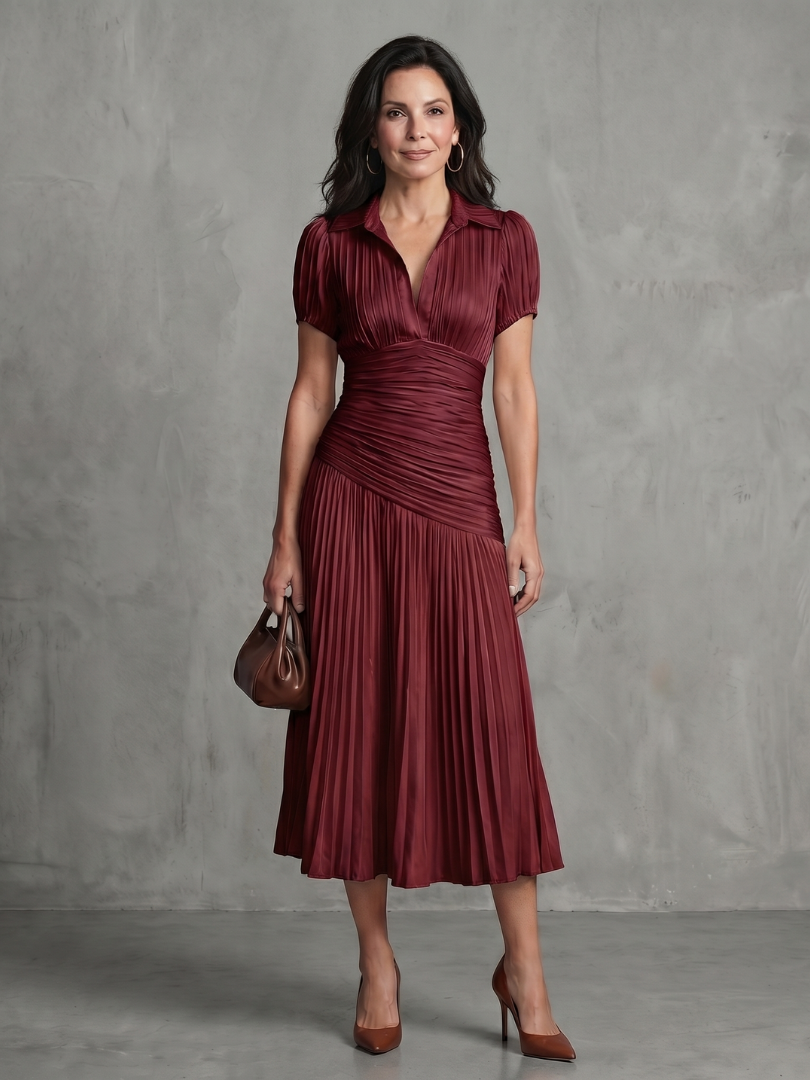 Vera | Women's Pleated Waistline Midi Dress, Stripe Summer Dress