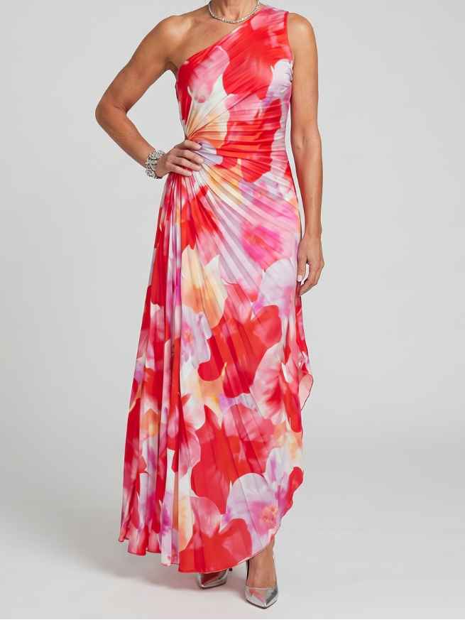 Talia | Women's One Shoulder Midi Dress, Pleated Bodice Summer Dress - Floral