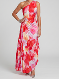 Talia | Women's One Shoulder Midi Dress, Pleated Bodice Summer Dress - Floral