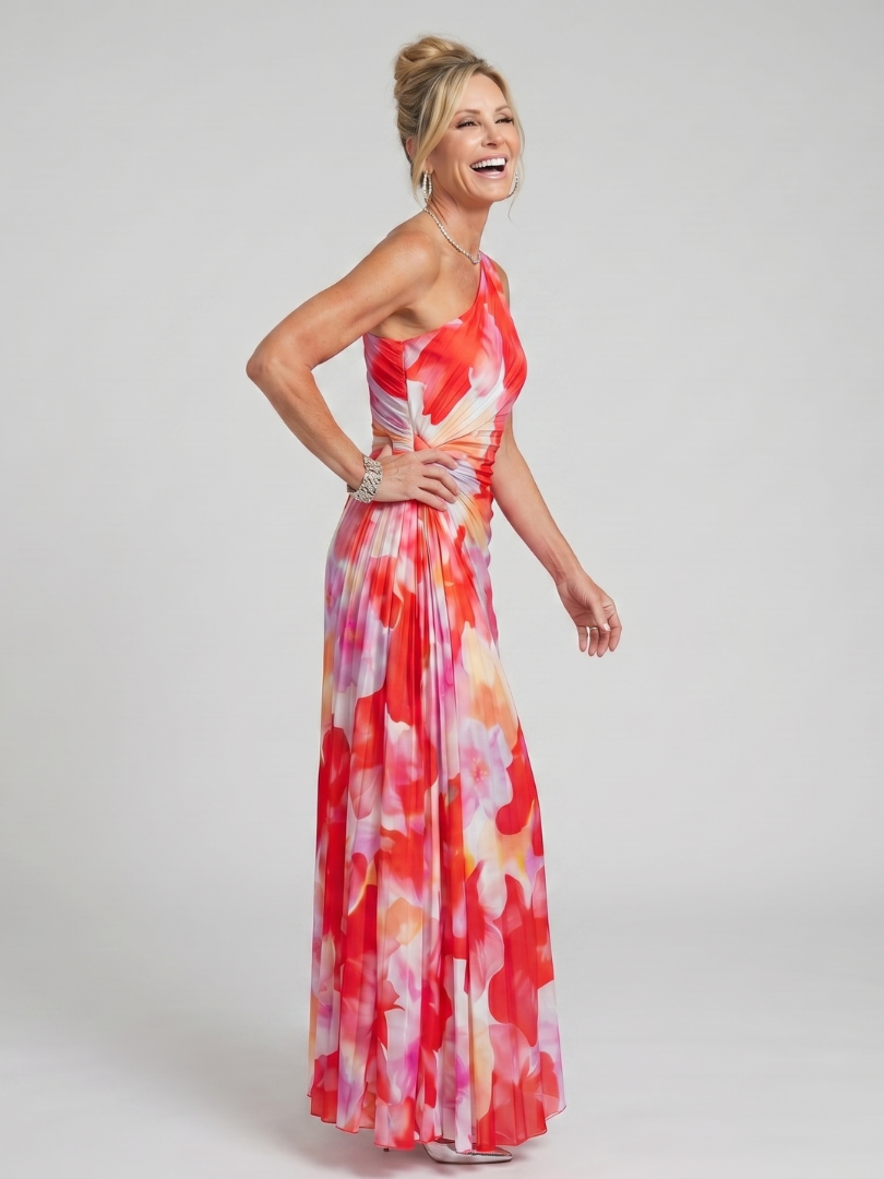 Talia | Women's One Shoulder Midi Dress, Pleated Bodice Summer Dress - Floral