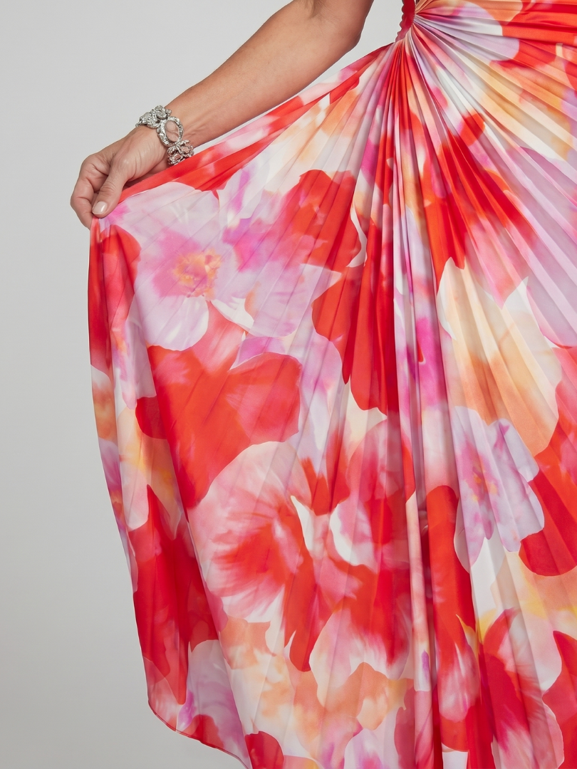 Talia | Women's One Shoulder Midi Dress, Pleated Bodice Summer Dress - Floral