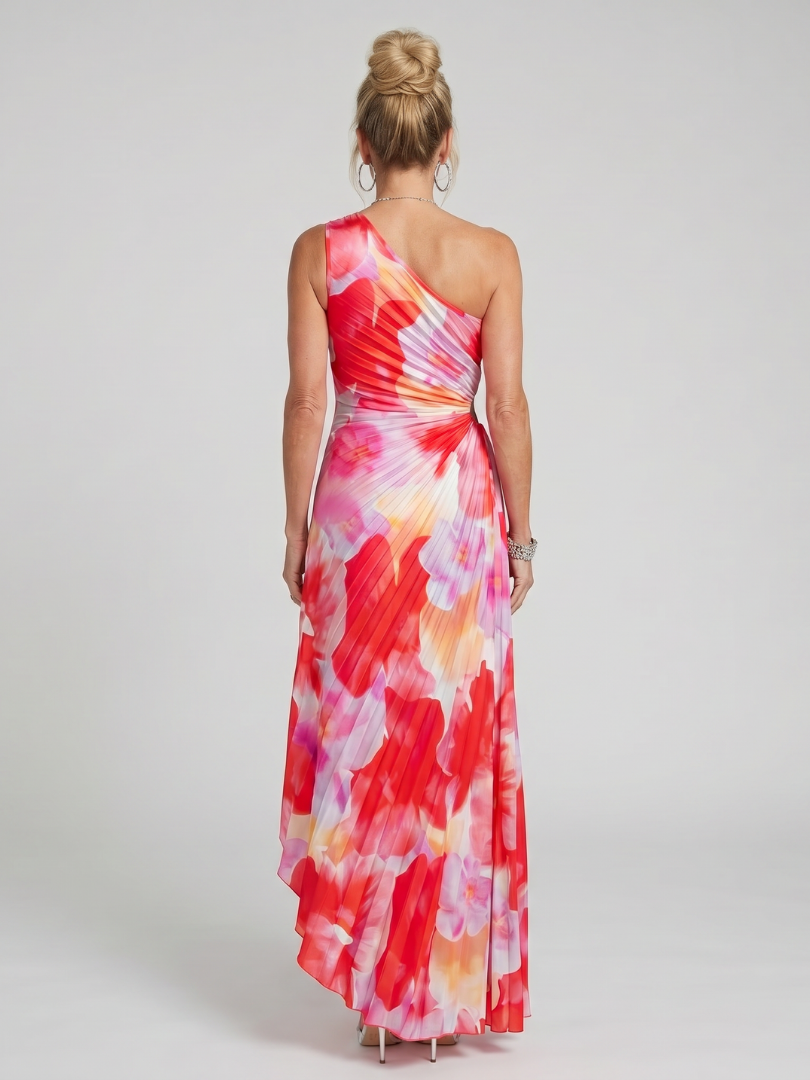 Talia | Women's One Shoulder Midi Dress, Pleated Bodice Summer Dress - Floral