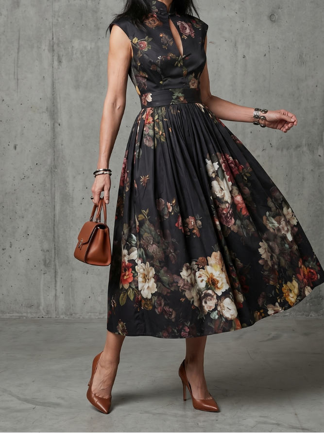 Ophelia | Women's High Neck Keyhole Midi Dress, Floral Pleated Summer Dress - Black