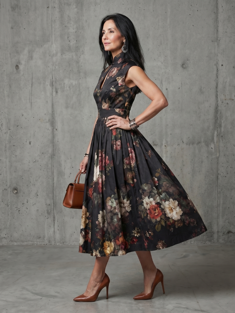 Ophelia | Women's High Neck Keyhole Midi Dress, Floral Pleated Summer Dress - Black
