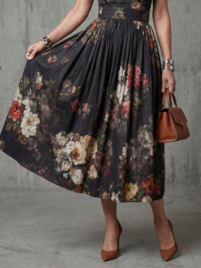 Ophelia | Women's High Neck Keyhole Midi Dress, Floral Pleated Summer Dress - Black