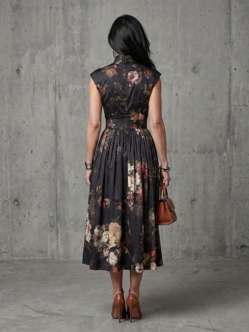 Ophelia | Women's High Neck Keyhole Midi Dress, Floral Pleated Summer Dress - Black
