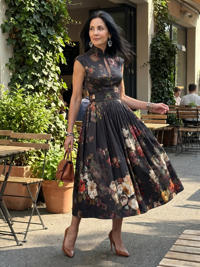 Ophelia | Women's High Neck Keyhole Midi Dress, Floral Pleated Summer Dress - Black