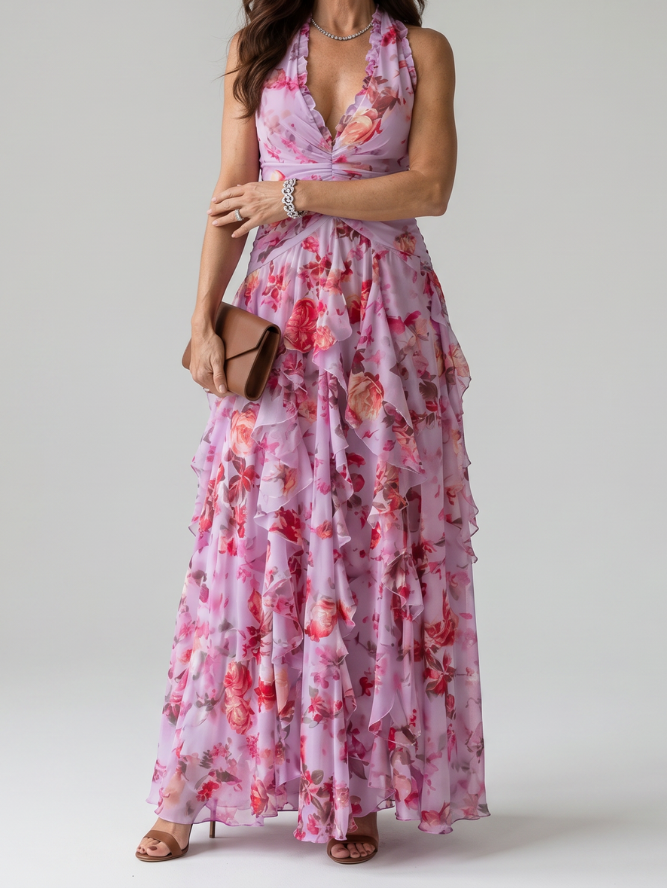 Mira | Women's Halter Neck Ruched Maxi Dress, Floral Summer Dress