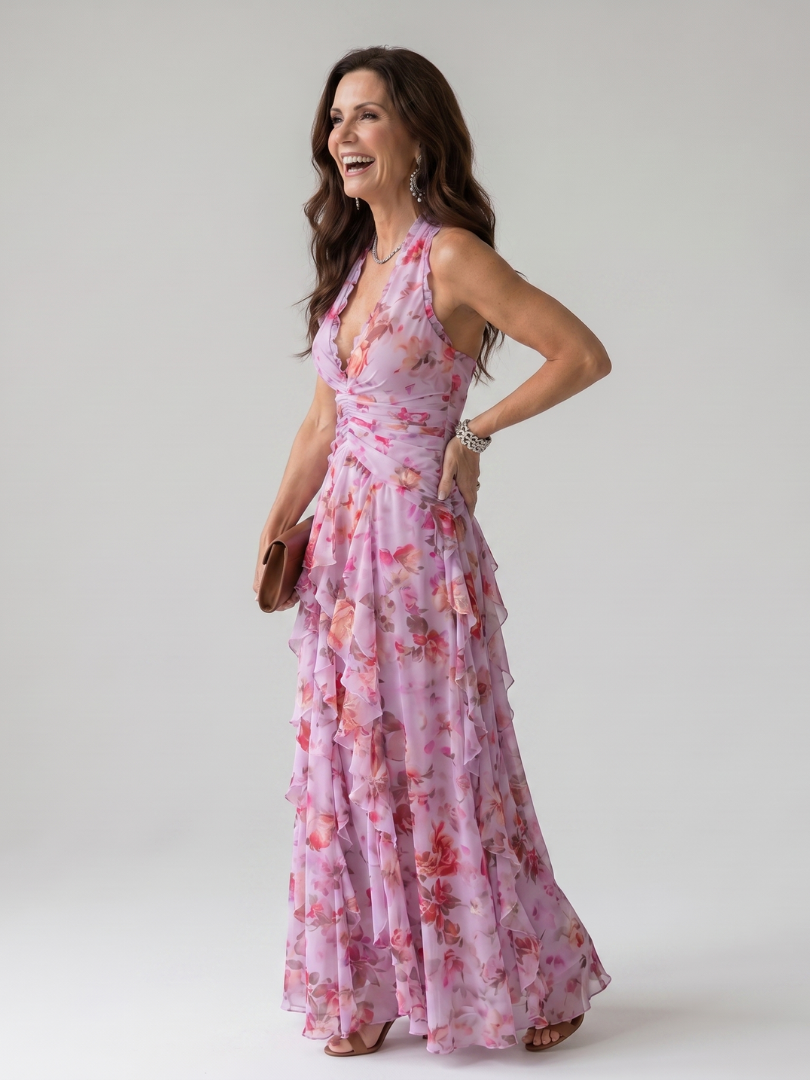 Mira | Women's Halter Neck Ruched Maxi Dress, Floral Summer Dress