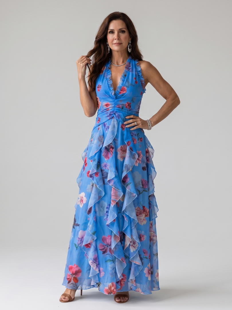 Mira | Women's Halter Neck Ruched Maxi Dress, Floral Summer Dress