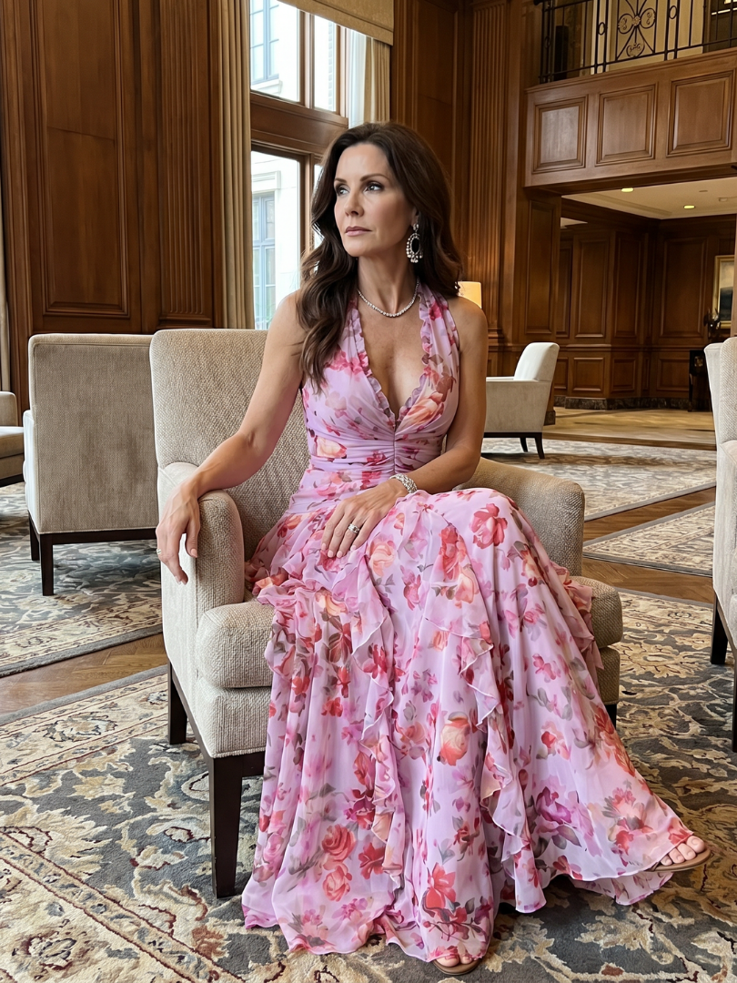 Mira | Women's Halter Neck Ruched Maxi Dress, Floral Summer Dress