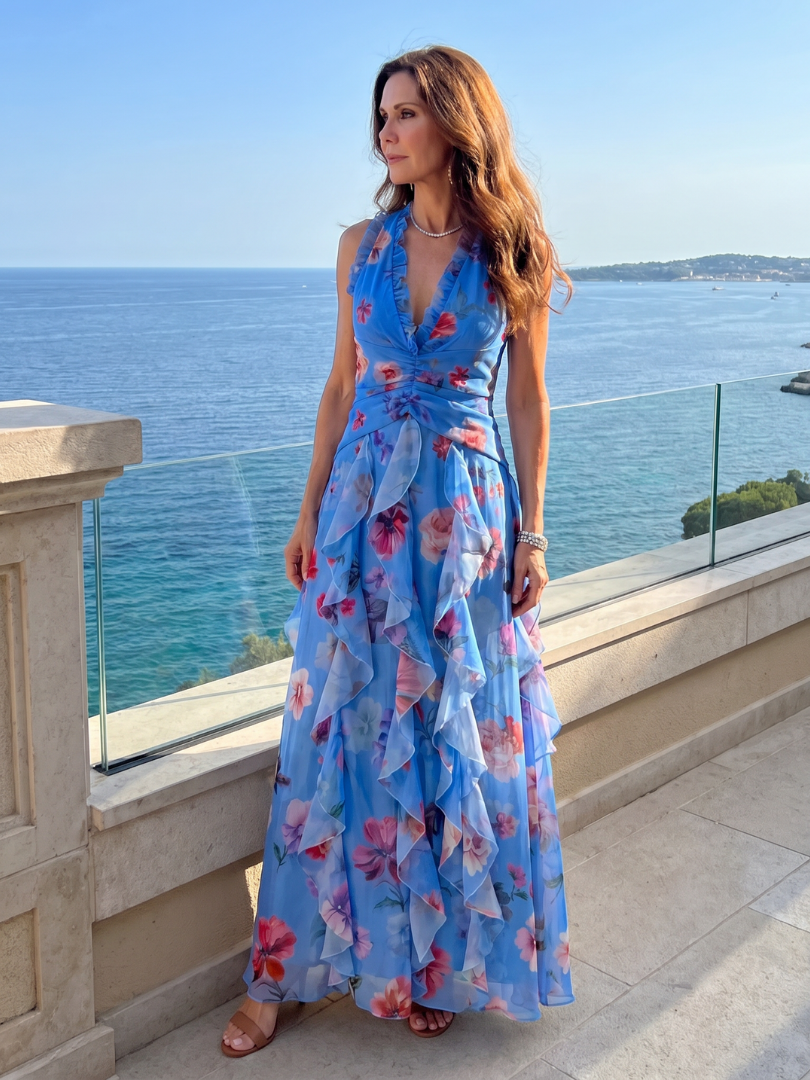 Mira | Women's Halter Neck Ruched Maxi Dress, Floral Summer Dress