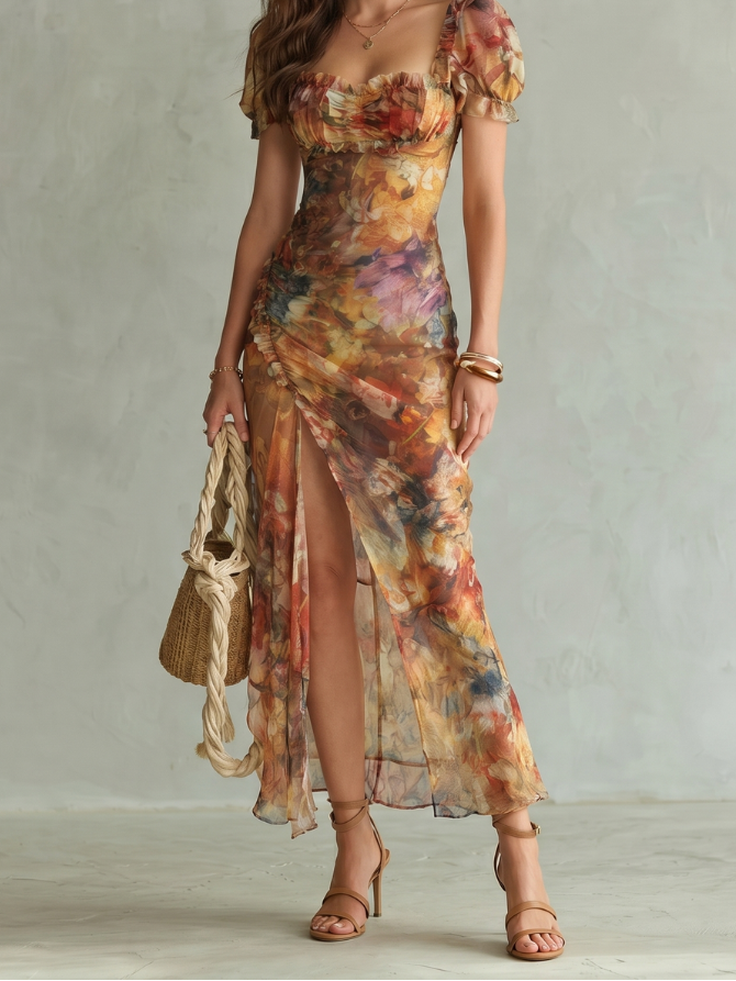 Ximena | Women's Ruffled Sleeve Midi Dress, Ruched Slit Summer Dress - Multicolor