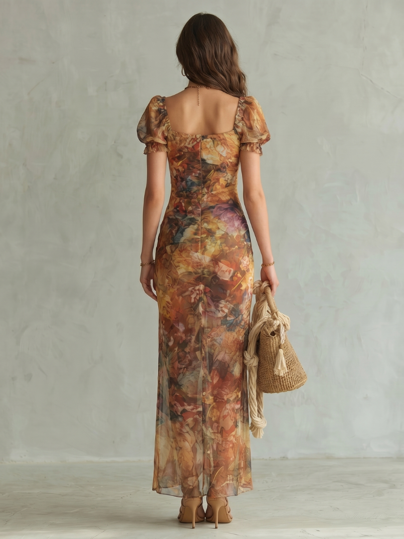 Ximena | Women's Ruffled Sleeve Midi Dress, Ruched Slit Summer Dress - Multicolor