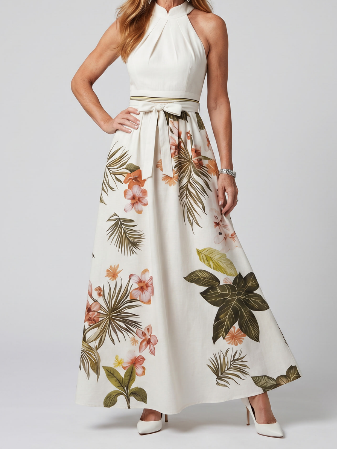 Colette | Women's Draped Halter Maxi Dress, Botanical Panel Summer Dress - White