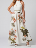 Colette | Women's Draped Halter Maxi Dress, Botanical Panel Summer Dress - White