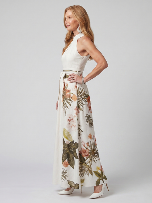 Colette | Women's Draped Halter Maxi Dress, Botanical Panel Summer Dress - White