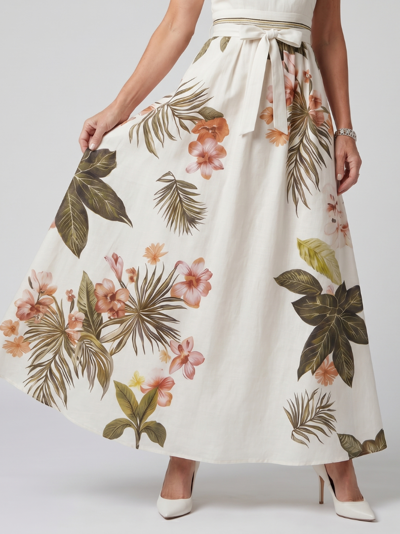Colette | Women's Draped Halter Maxi Dress, Botanical Panel Summer Dress - White