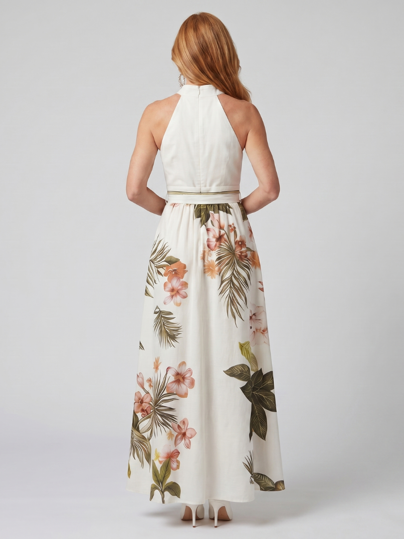 Colette | Women's Draped Halter Maxi Dress, Botanical Panel Summer Dress - White