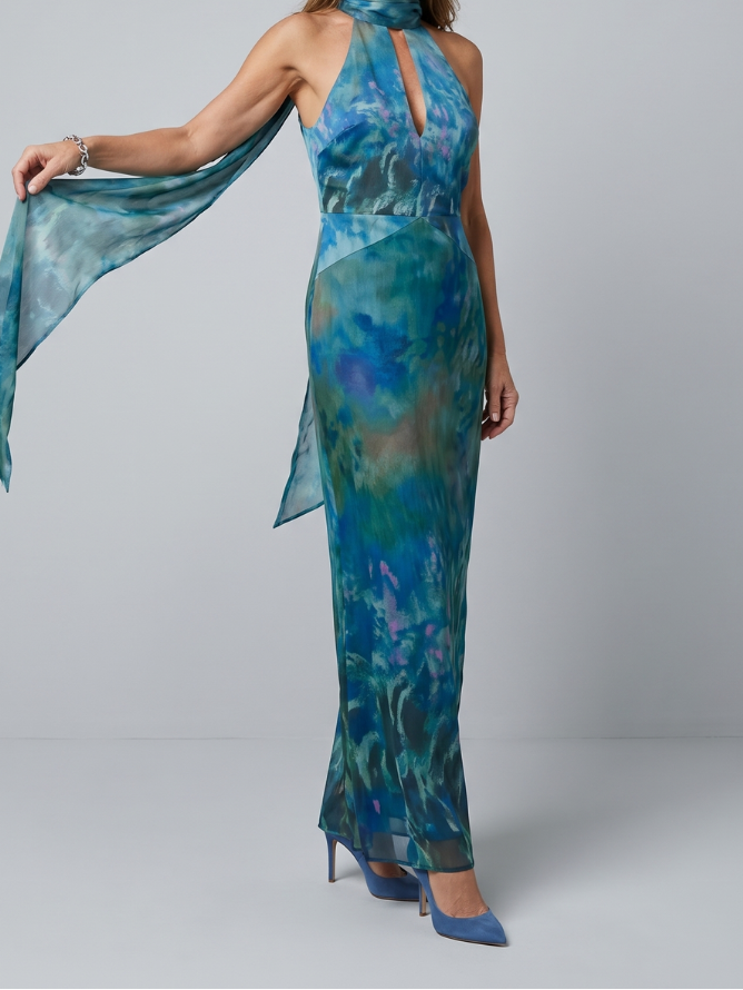 Paloma | Women's Keyhole Halter Maxi Dress, Sleeveless Summer Dress - Blue