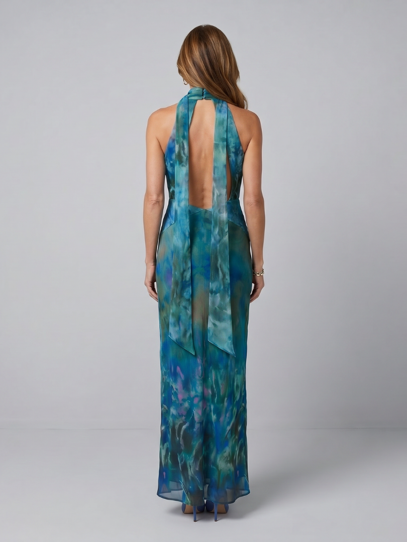 Paloma | Women's Keyhole Halter Maxi Dress, Sleeveless Summer Dress - Blue
