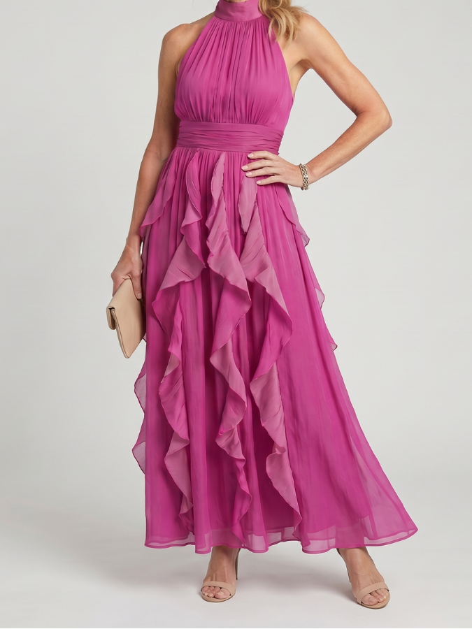 Noemi | Women's High Neck Ruffle Maxi Dress, Gathered Summer Dress - Pink