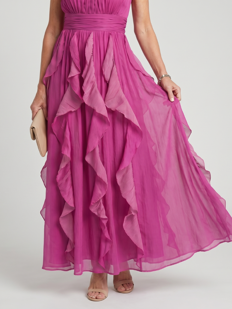 Noemi | Women's High Neck Ruffle Maxi Dress, Gathered Summer Dress - Pink