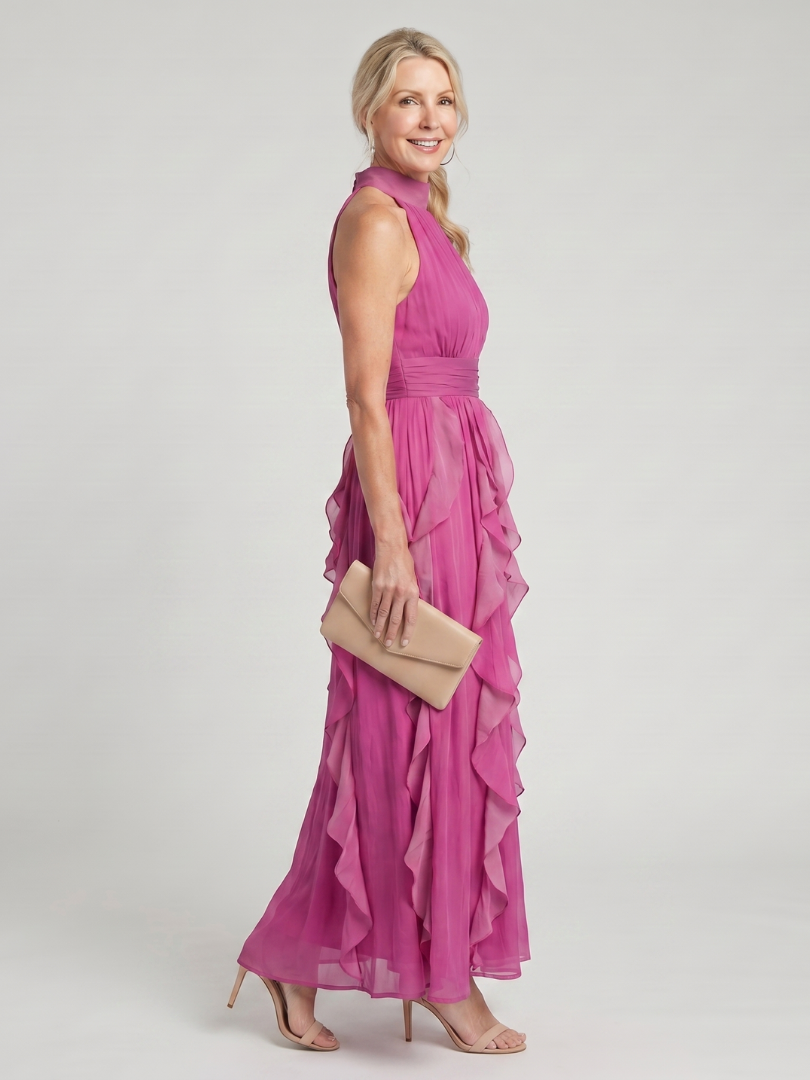Noemi | Women's High Neck Ruffle Maxi Dress, Gathered Summer Dress - Pink