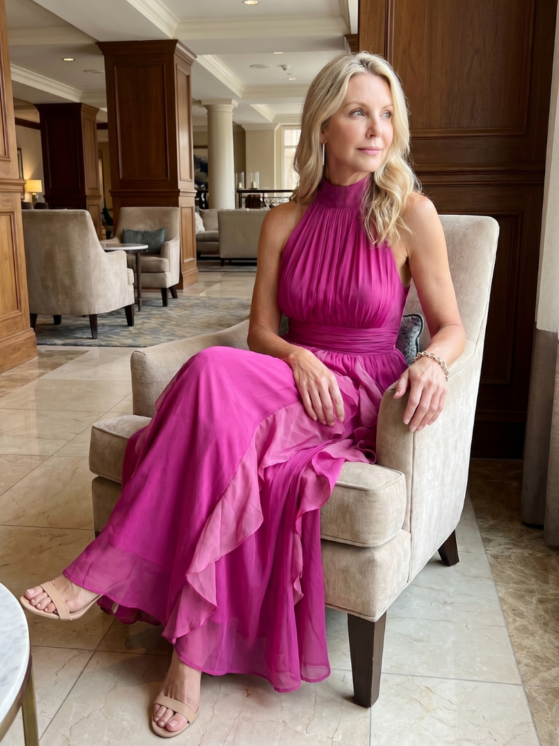 Noemi | Women's High Neck Ruffle Maxi Dress, Gathered Summer Dress - Pink
