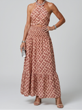 Bianca | Women's Cross Halter Midi Dress, Geometric Print Cutout Summer Dress - Geometric