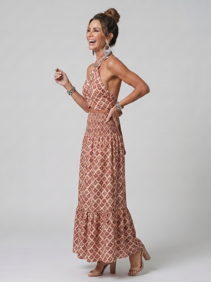 Bianca | Women's Cross Halter Midi Dress, Geometric Print Cutout Summer Dress - Geometric