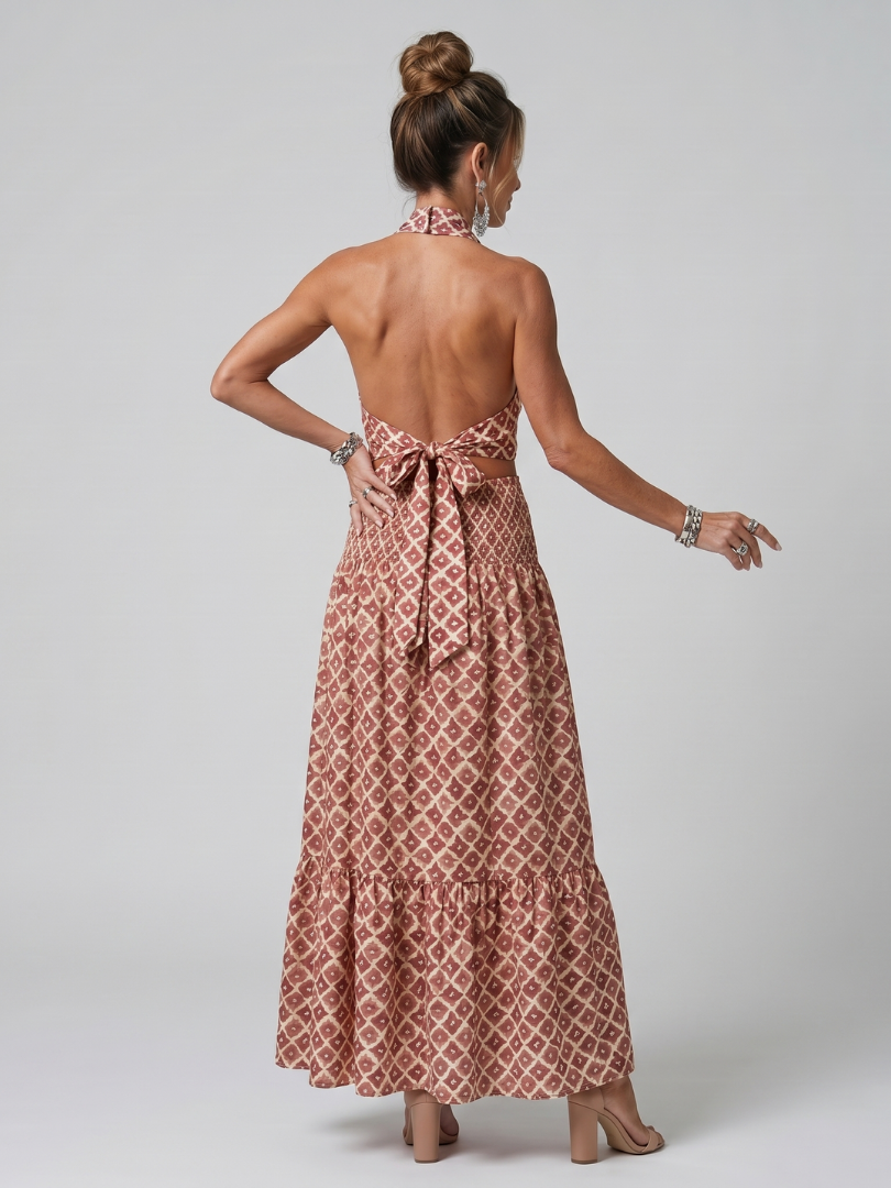 Bianca | Women's Cross Halter Midi Dress, Geometric Print Cutout Summer Dress - Geometric