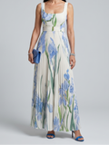 Yara | Women's Sleeveless Square Neck Midi Dress, Floral Print Summer Dress - White