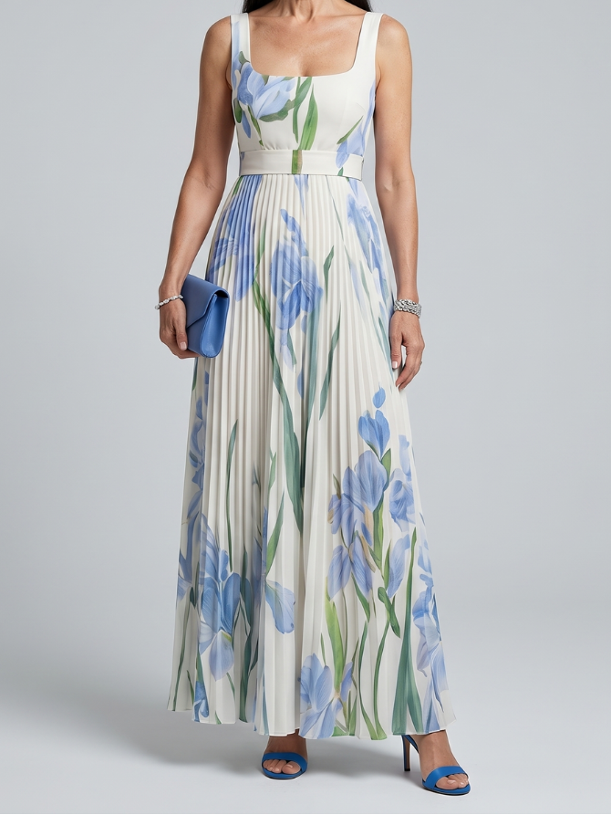 Yara | Women's Sleeveless Square Neck Midi Dress, Floral Print Summer Dress - White