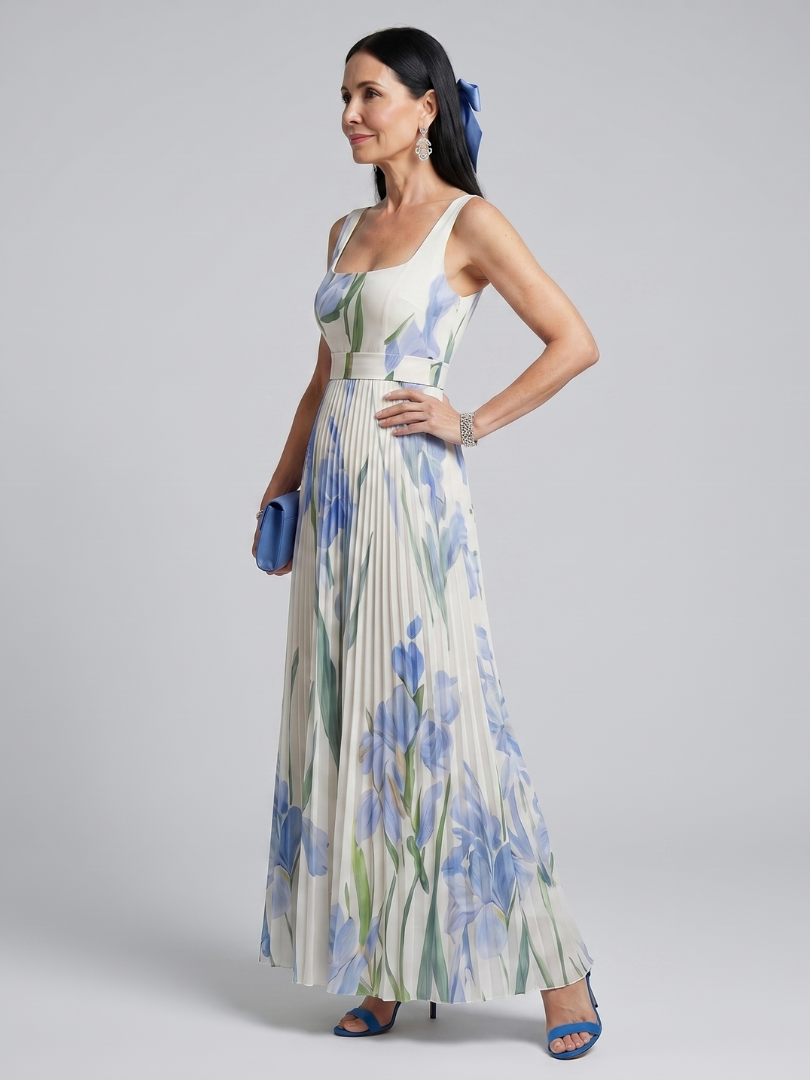 Yara | Women's Sleeveless Square Neck Midi Dress, Floral Print Summer Dress - White