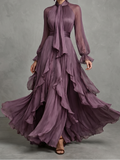 Camille | Women's Tie Neck Maxi Dress, Ruffle Tiered Summer Dress - Purple