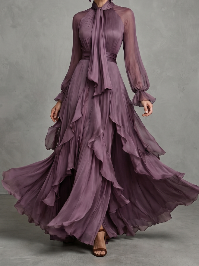 Camille | Women's Tie Neck Maxi Dress, Ruffle Tiered Summer Dress - Purple