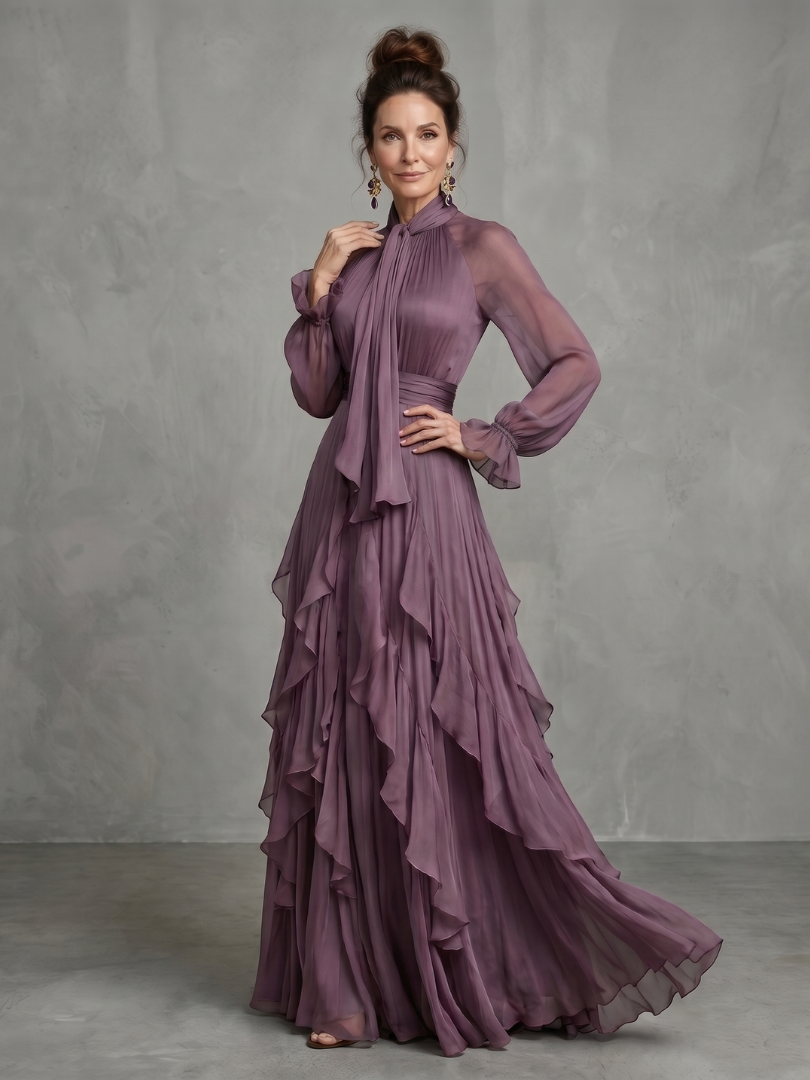 Camille | Women's Tie Neck Maxi Dress, Ruffle Tiered Summer Dress - Purple