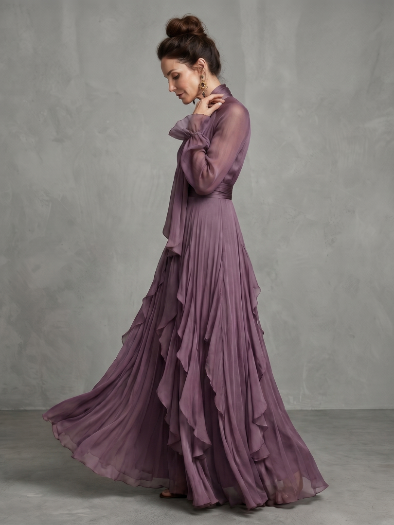 Camille | Women's Tie Neck Maxi Dress, Ruffle Tiered Summer Dress - Purple