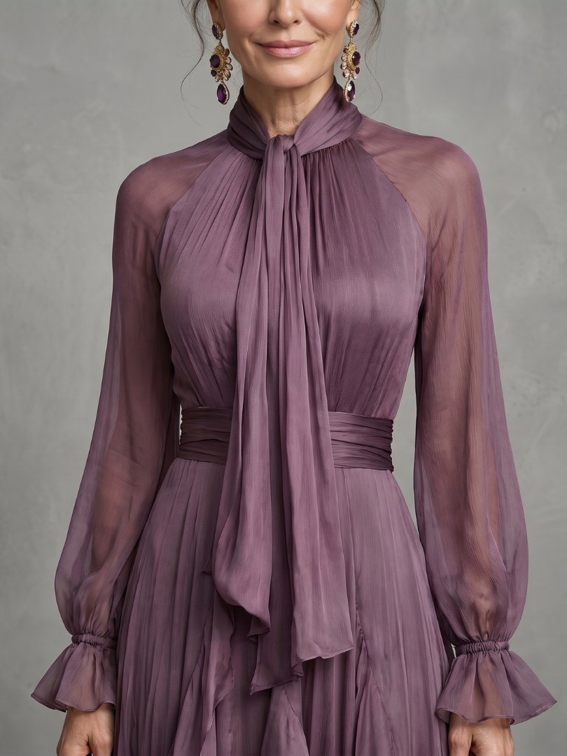 Camille | Women's Tie Neck Maxi Dress, Ruffle Tiered Summer Dress - Purple