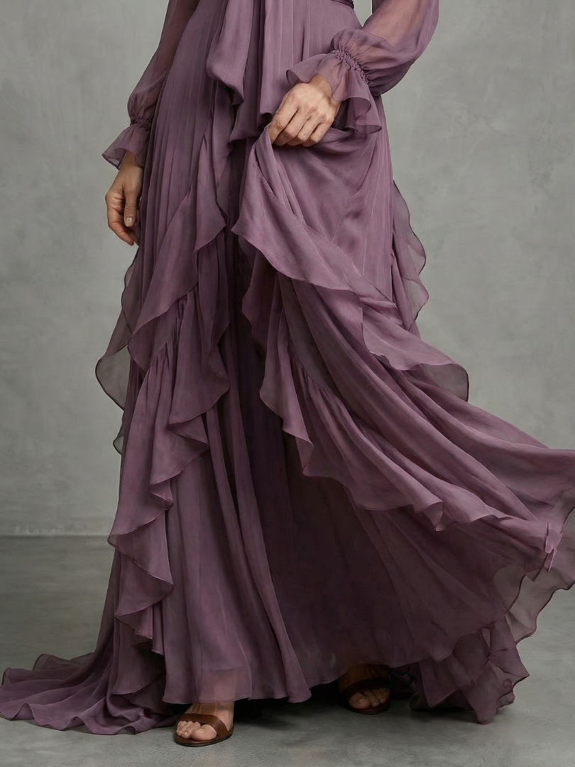Camille | Women's Tie Neck Maxi Dress, Ruffle Tiered Summer Dress - Purple