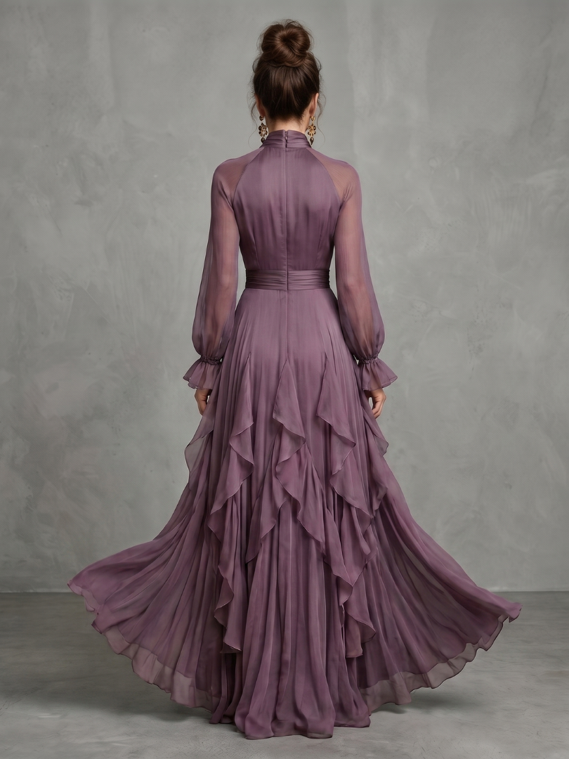 Camille | Women's Tie Neck Maxi Dress, Ruffle Tiered Summer Dress - Purple