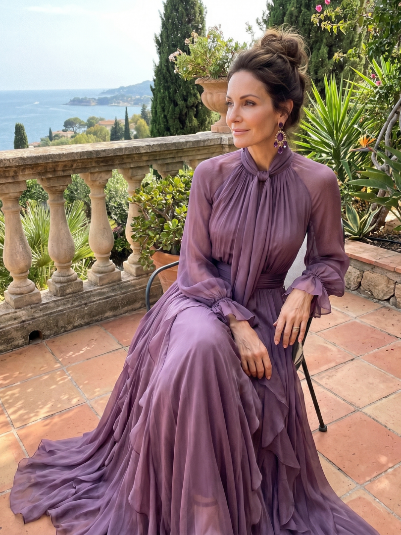 Camille | Women's Tie Neck Maxi Dress, Ruffle Tiered Summer Dress - Purple