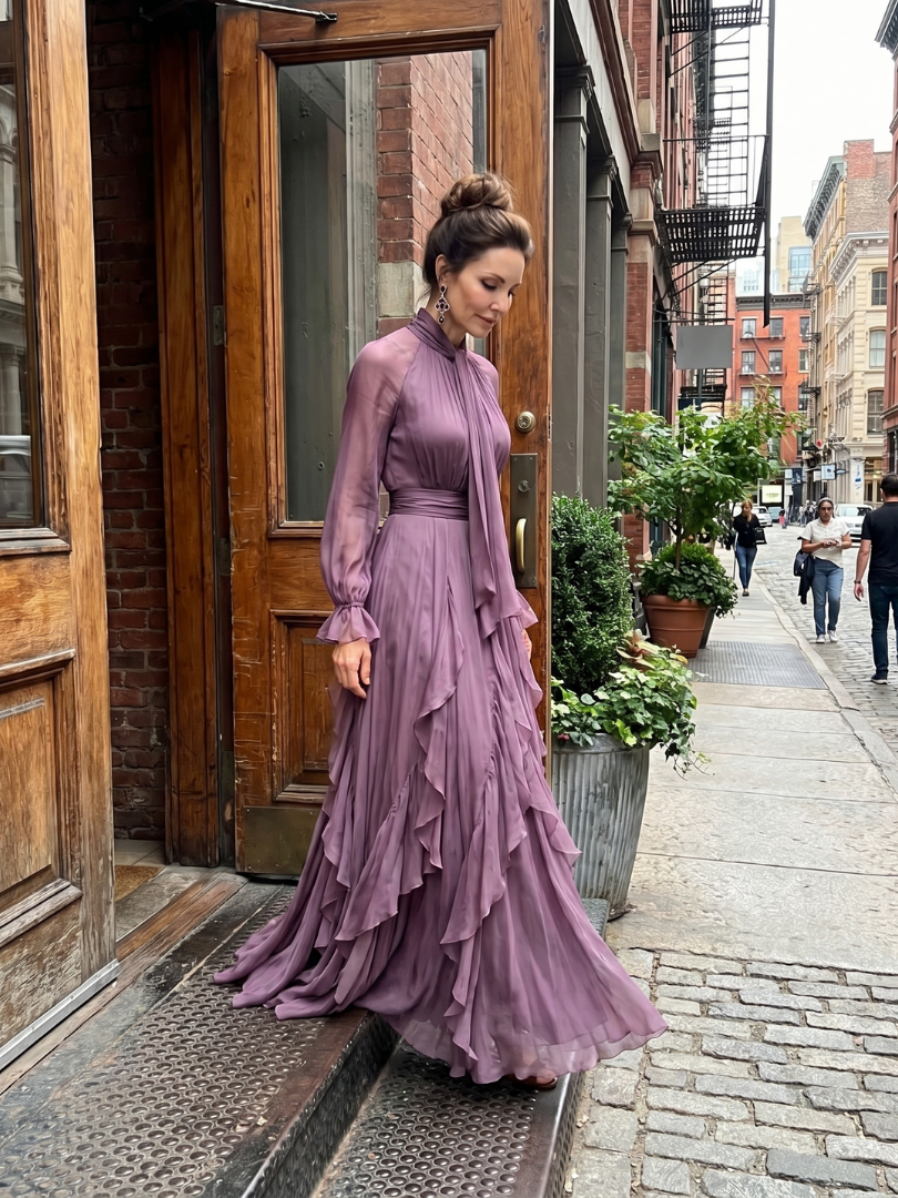 Camille | Women's Tie Neck Maxi Dress, Ruffle Tiered Summer Dress - Purple