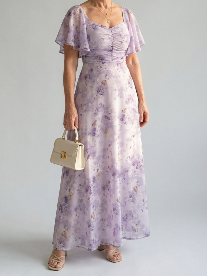 Fleur | Women's Flutter Sleeve Midi Dress, Floral Summer Dress - Floral