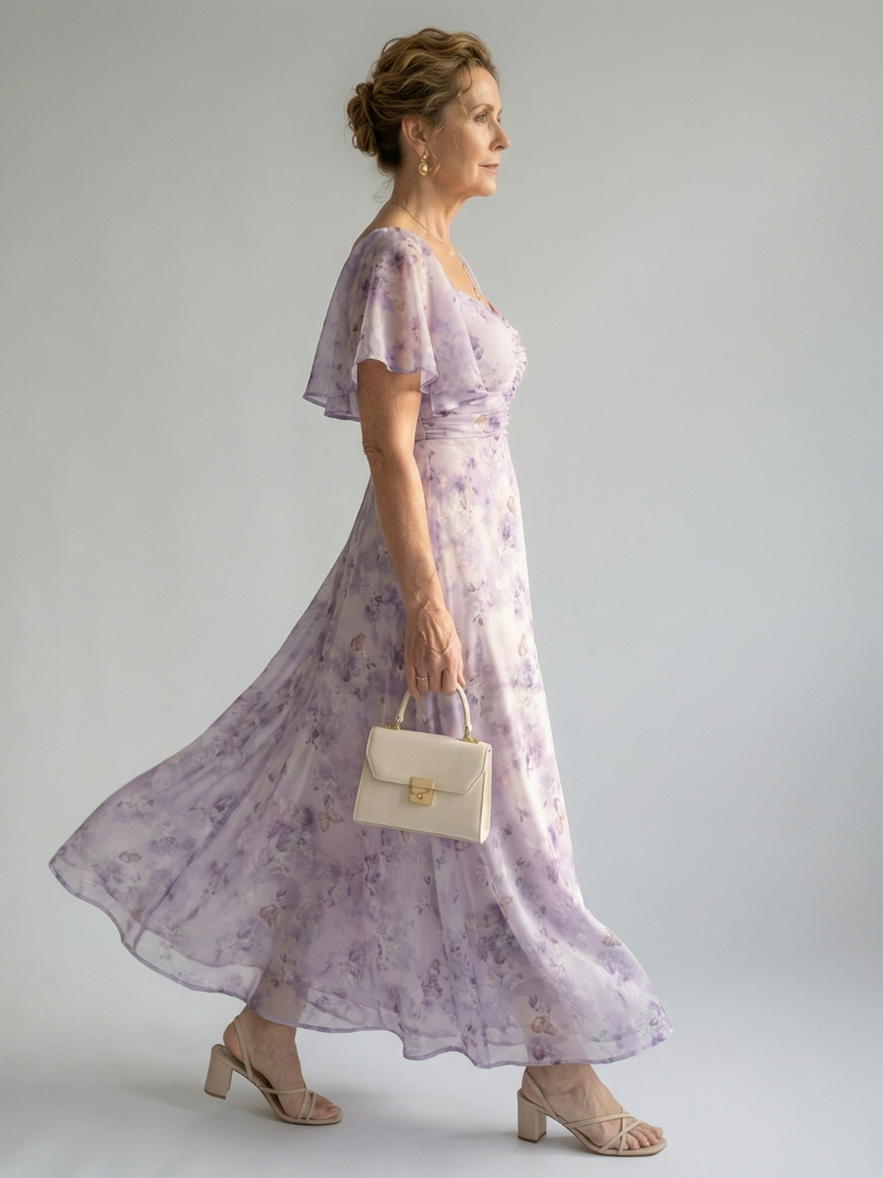 Fleur | Women's Flutter Sleeve Midi Dress, Floral Summer Dress - Floral