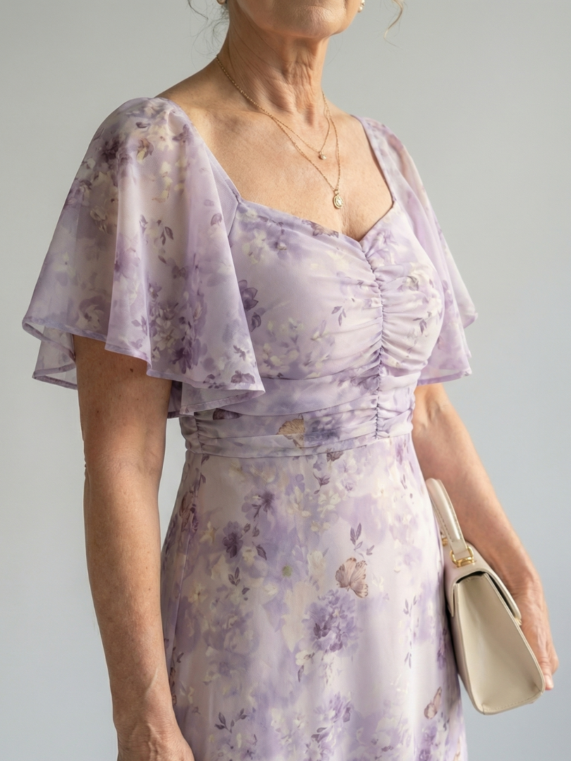 Fleur | Women's Flutter Sleeve Midi Dress, Floral Summer Dress - Floral