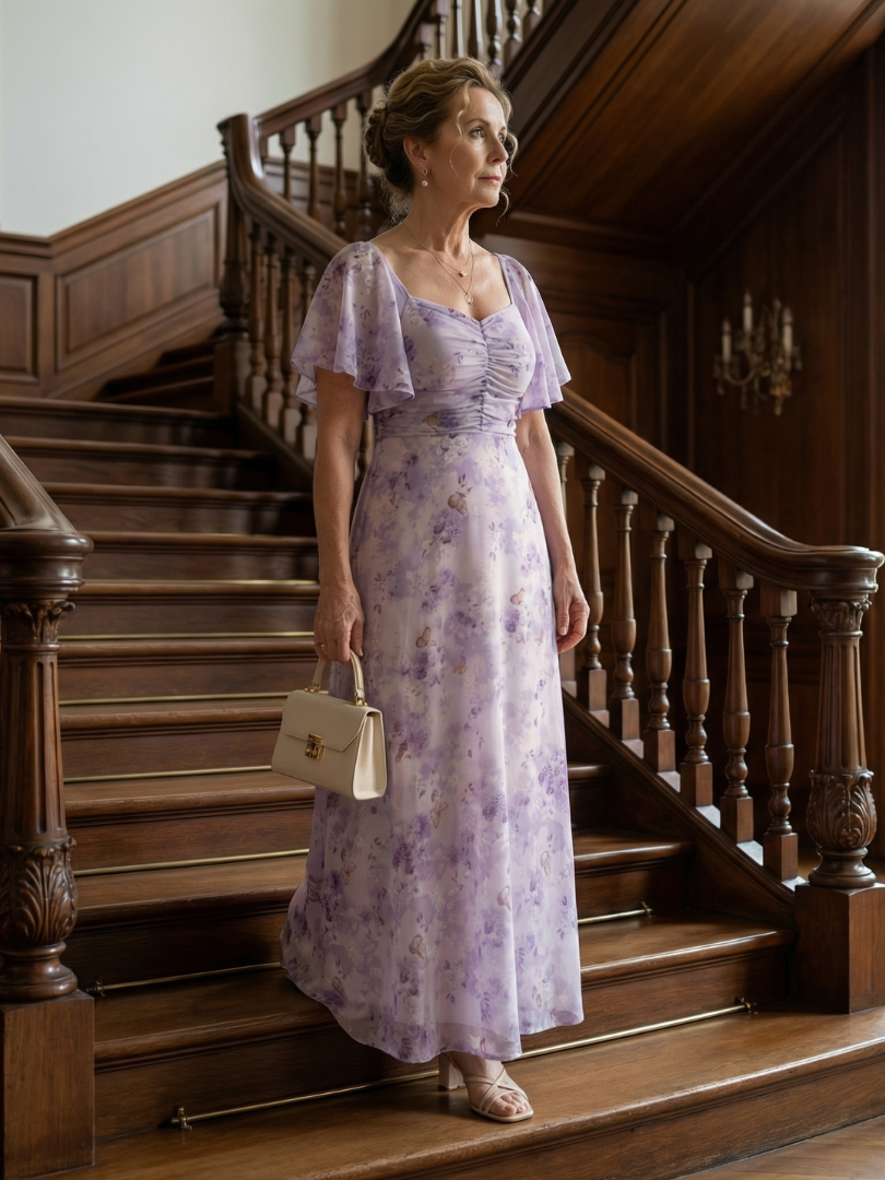 Fleur | Women's Flutter Sleeve Midi Dress, Floral Summer Dress - Floral