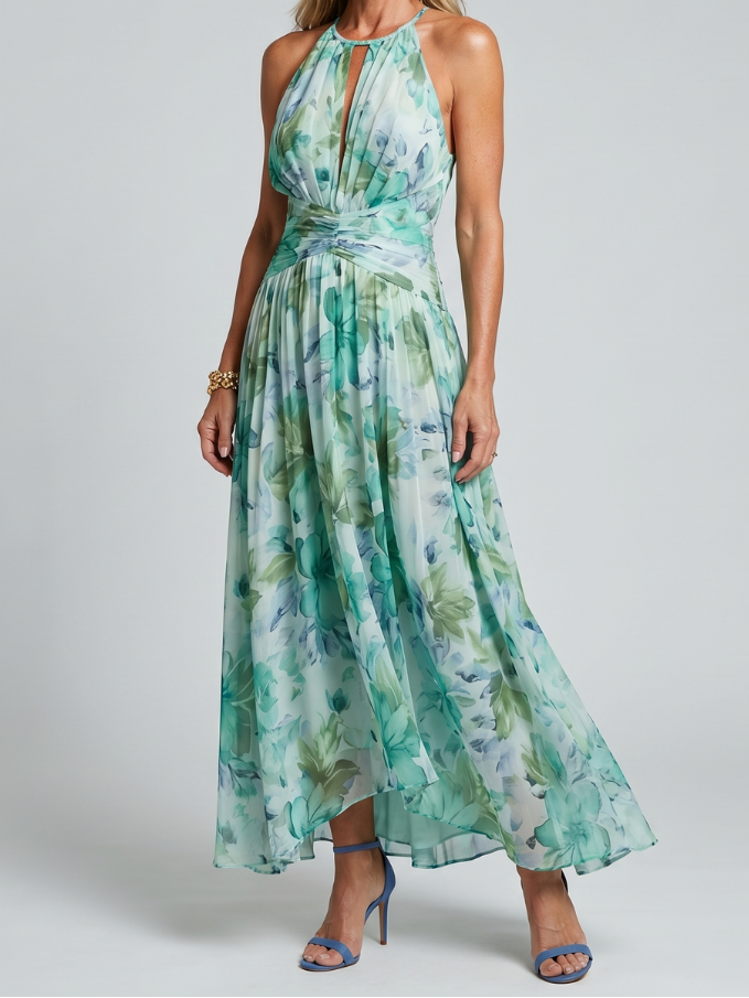 Uma | Women's Pleated Halter Midi Dress, Soft Floral Summer Dress - Green