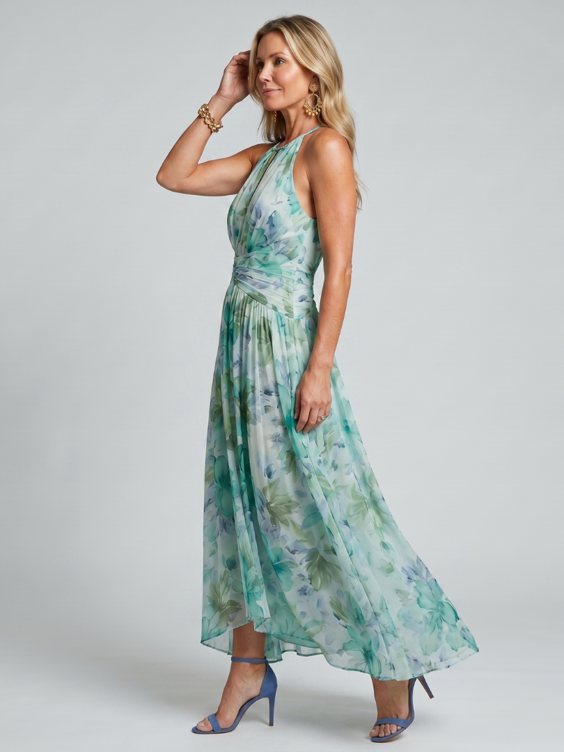 Uma | Women's Pleated Halter Midi Dress, Soft Floral Summer Dress - Green